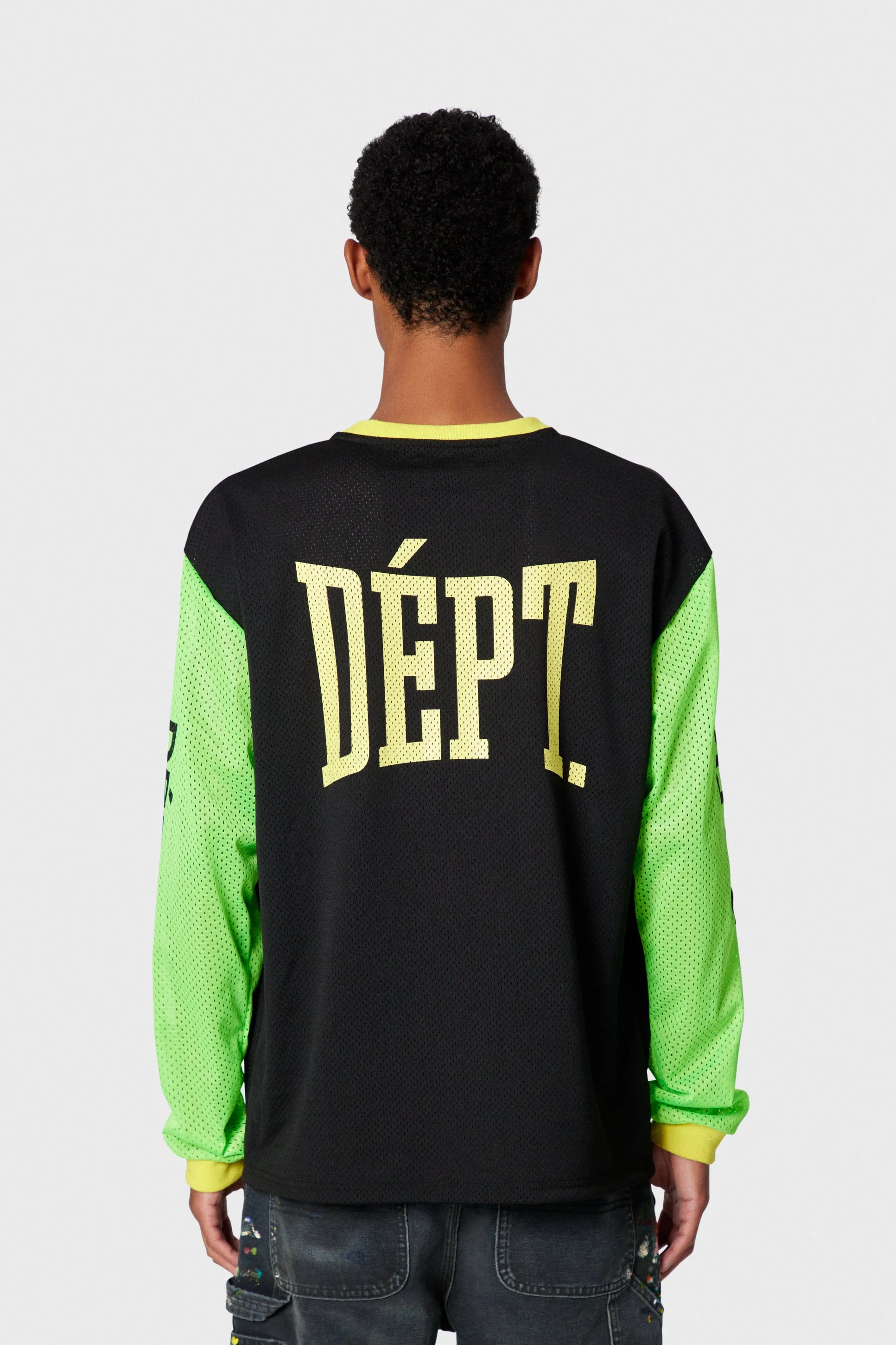 GALLERY DEPT. SPORT ELEGANT L/S BLK/GRN/YLW DEPT. Mesh color-blocked long-sleeved jersey. Black S-XL mesh item is a must-have for every fashionista. Soft, breathable and comfortable to wear alone. Layered to match the fashion pioneer. Original dyed mesh fabric. No color difference. Original printing process. Durable after washing and does not fall off. Original consistent main label/hangtag/composition and water label.